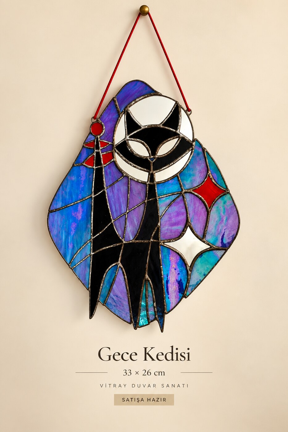 Gece Kedisi, 33 × 26 cm, satışa hazır vitray eser
