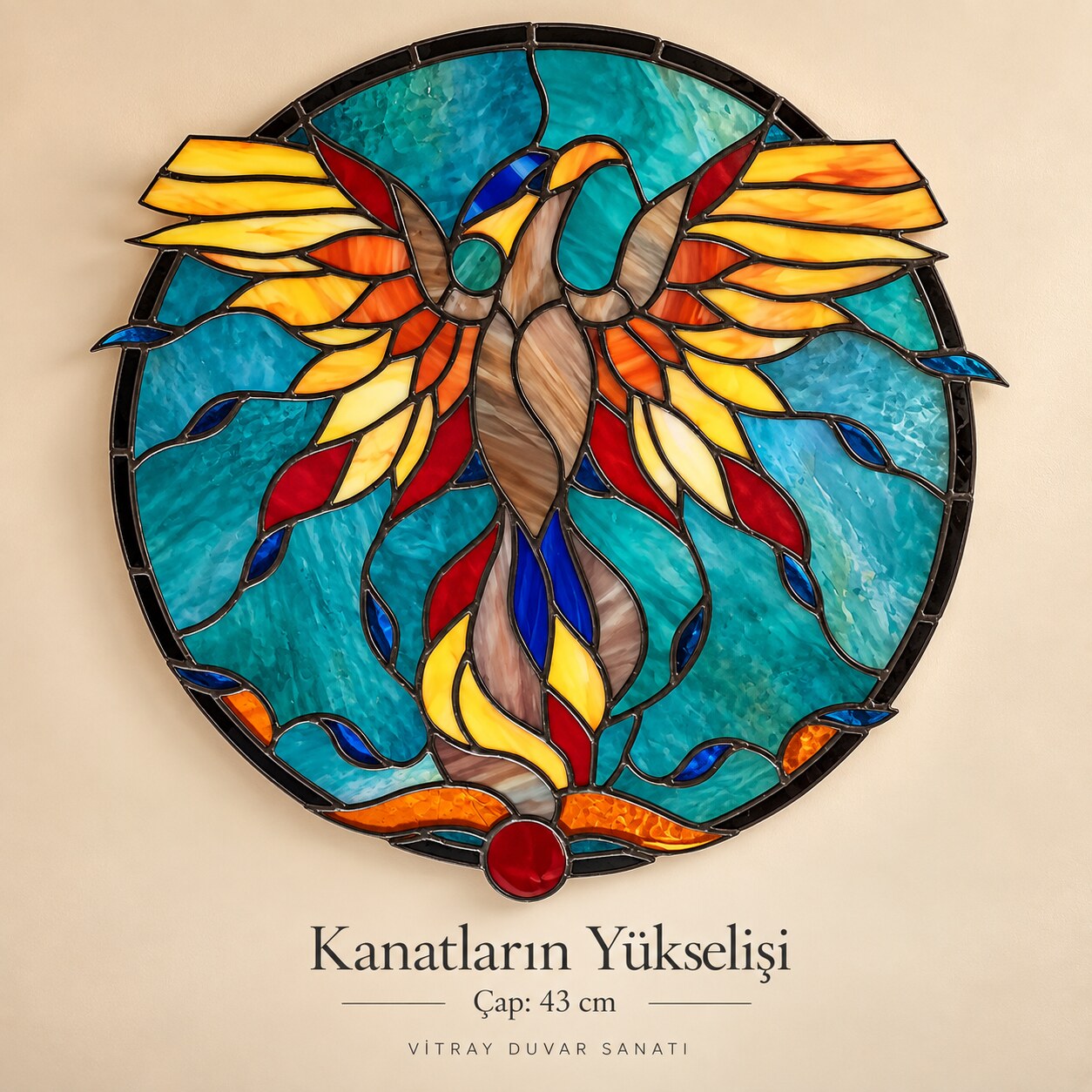 Kanatların Yükselişi, 43 cm çap, satışa hazır vitray eser